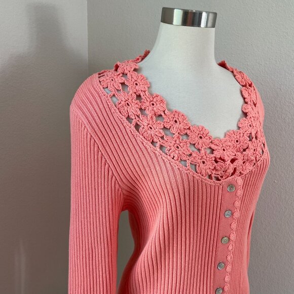 NEW Soft Surroundings Womens Large Coral Crochet Trim Cardigan Sweater Ribbed - Picture 2 of 12